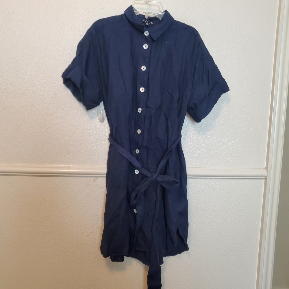 J.Crew Navy Blue Linen Short Sleeve Button Down Belted Mini Shirtdress SP
